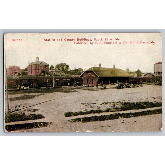 Postcard Unposted Maine Divided Station & County Buildings South Paris #731 - Picture 1 of 2